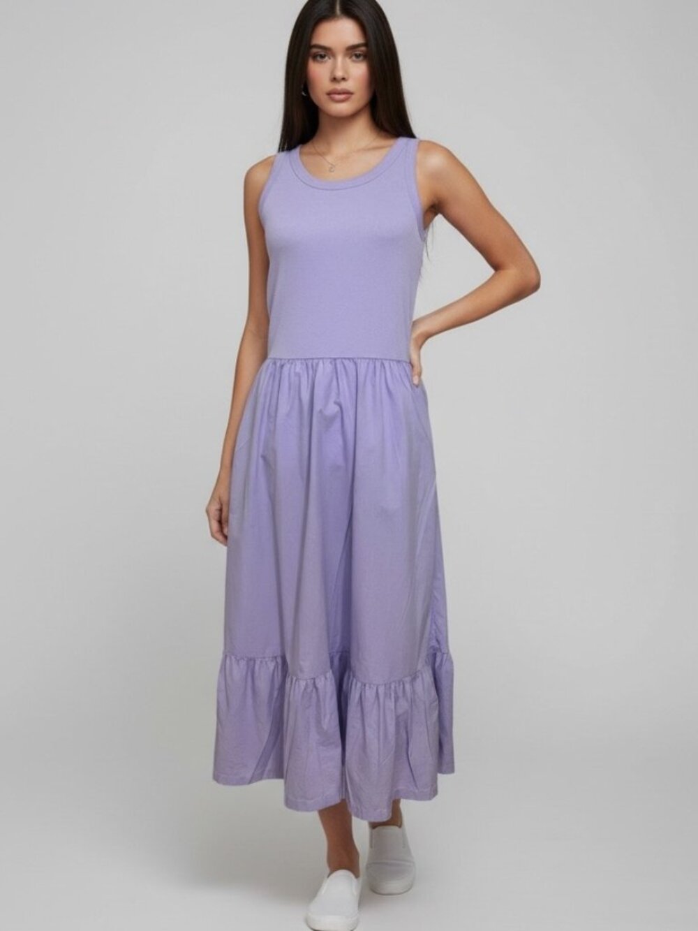 Gap Cottagecore Coastal Ribbed Tank Poplin Dress Lavender L Pockets Racerback